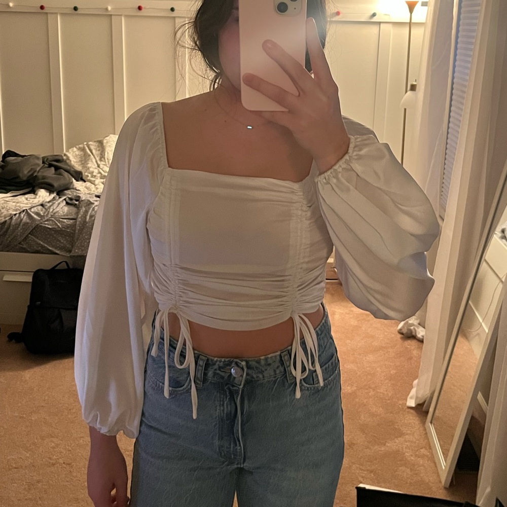 White Satin Long-sleeve Crop Top
